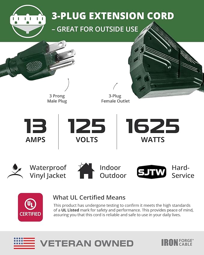 Iron Forge Cable 2 Pack 10ft Green Outdoor Extension Cord with 3 Outlets - 16/3 SJTW 10ft Extension Cord, 13 Amp All-Weather Heavy Duty Power Cable