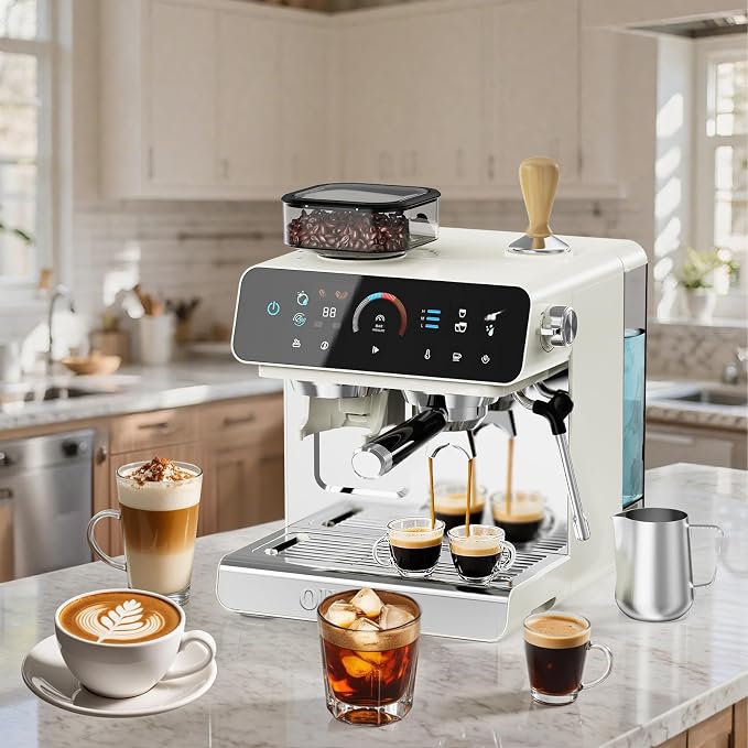 Ollygrin Semi-Automatic Espresso Machine with Grinder, 2-in-1 Coffee Machine with Milk Frother, 20 Bar Pressure Coffee Maker, Removable Water Tank & Bean Hopper, Expresso Machine for Home Barista