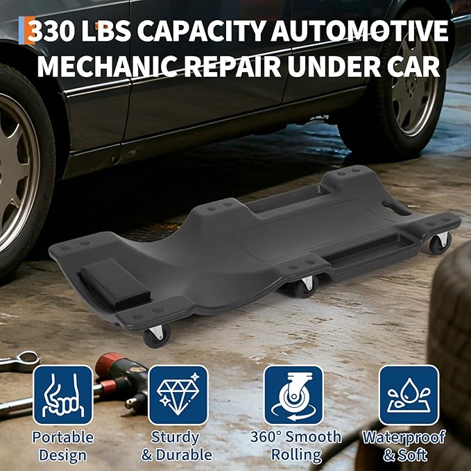 Garvee 40" Plastic Rolling Automotive Garage/Shop Creeper,350 Lbs Blow Molded Ergonomic HDPE Body Low Profile Mechanic Creeper with Padded Headrest, Dual Tool Trays and 6 Casters