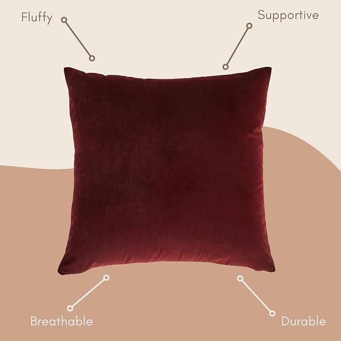 Solid Color Velvet Throw Pillow with Insert Included (Burgundy Red, 24"x24"), Decorative Pillow for Sofa, Couch, Bed, Chair Cushion