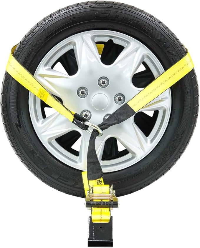 Mytee Products 8 Pack 2" x 168" Car Tie Down Straps for Trailer with Flat Hook - 3333 LB WLL Lasso Style Tire Straps for Car Trailer with Ratchets - Vehicle Tie Down Wheel Straps for Hauling Cars