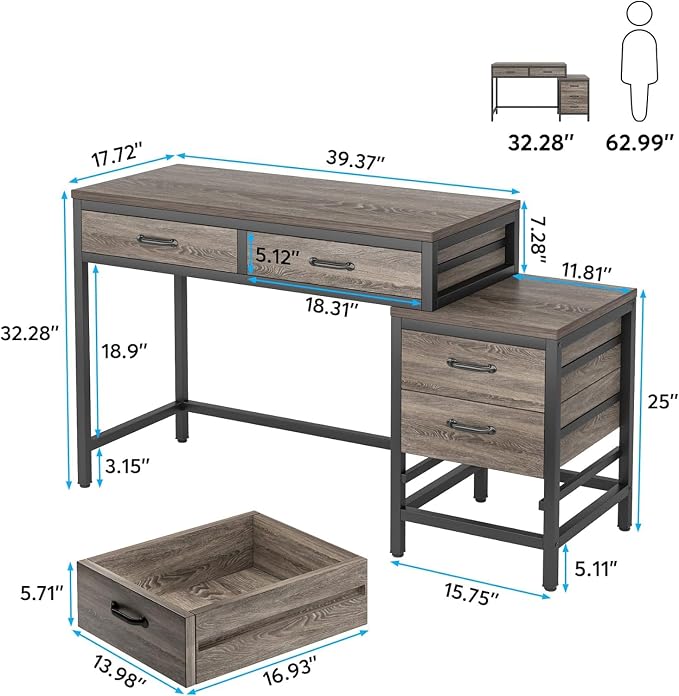 Tribesigns Computer Desk with 5 Drawers, Reversible Home Office Desks | Small Desk with Drawer Cabinet Printer Stand, PC Desk with Storage, Grey Study Writing Table Workstation for Small Spaces