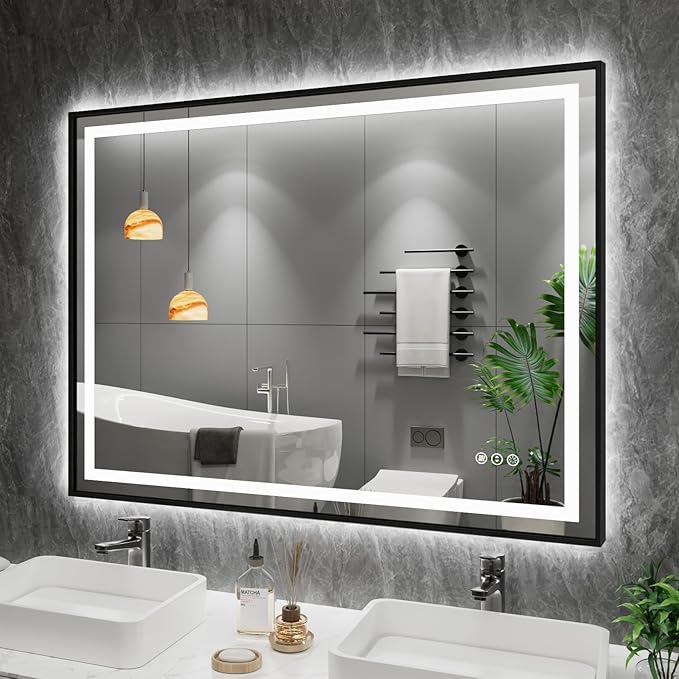 Amorho LED Bathroom Mirror, 48"X38" Front Light and Backlit, Black Frame, Stepless Dimmable, Anti-Fog, Shatter-Proof, Memory, 3 Colors, Double LED Vanity Mirror
