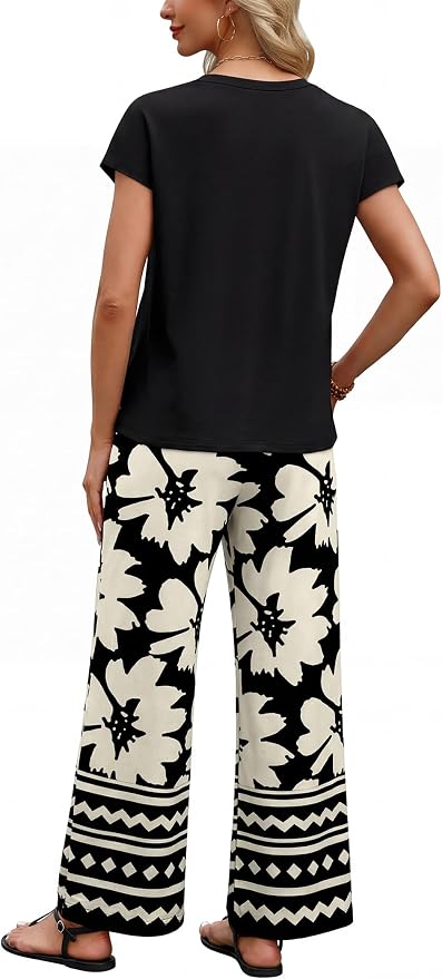 WIHOLL Two Piece Set for Women Summer Spring Outfits Matching Sets Women Clothing Airport Travel Vacation Wide Leg Pants