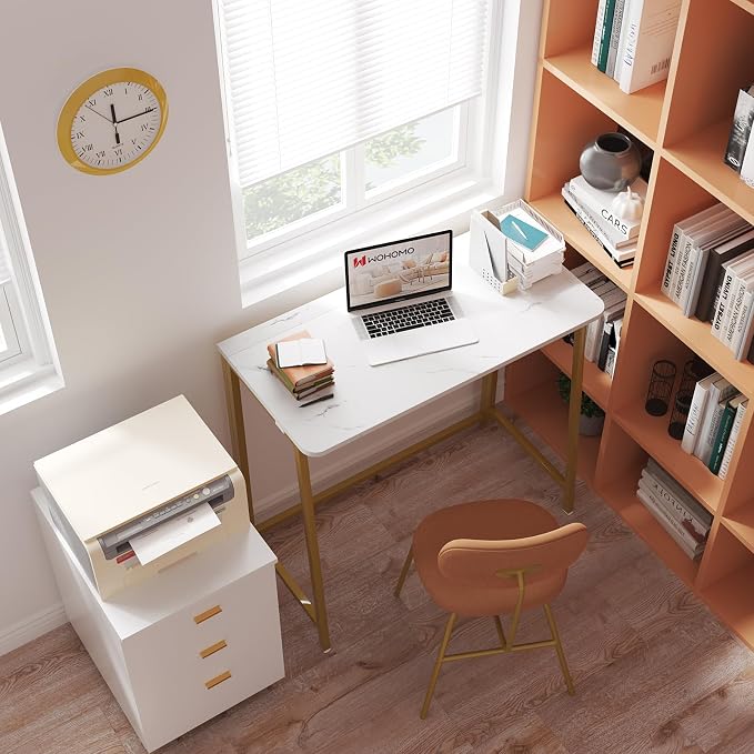 WOHOMO Folding Desk, 39.4" Foldable Computer Table for Small Spaces, Gold | Easy Assembly and Fold, Sturdy Home office desks for Study Bedroom Dorm Space Saving Writing Work Apartment