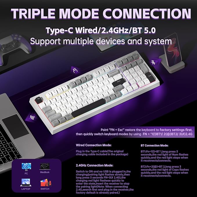 LEOBOG x Aula Wireless Keyboard 98 Keys Membrane Computer Keyboards | Silent Keyboard, 2000mAh Creamy Keyboard with Number Pad, Tri-Mode BT/2.4GHz/USB-C Connection for PC MAC Office Dorm Rooms