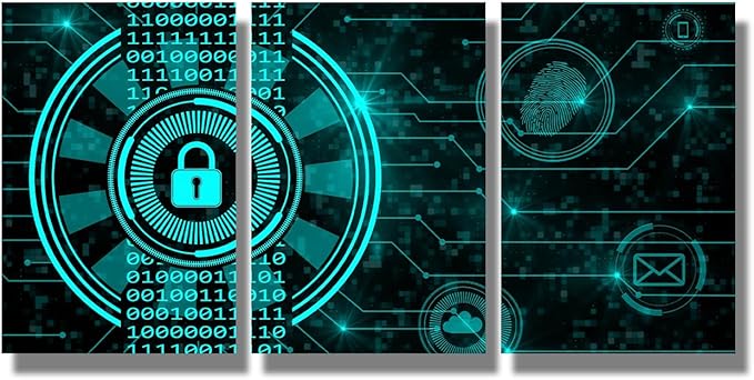 LSIUHWUWI Modern Wall Art 3 Piece Secure Technology Concept Padlock Binary Code Hud Posters for Wall Decoration, Connecting Lines Fingerprint Cloud Mail Artwork Framed Ready to Hang, 12x16inchx3