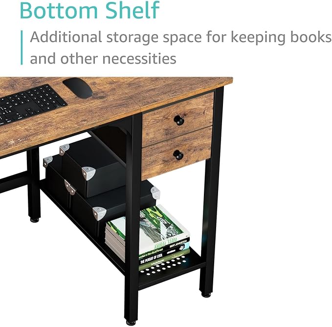 Lufeiya Computer Desk with Drawers - 40 Inch Work Reversible Small Desk for Bedroom Home Office, Simple Study Writing Table PC Desks with Drawer Storage Shelves, Rustic Brown