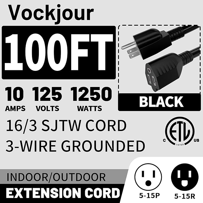 16/3 Black Indoor Outdoor Extension Cord 100 Ft Waterproof, Extension Cord with 3 Prong Grounded Plug,10A 1250W 16AWG SJTW, Flexible Weatherproof Power Cable for Offices, Gardens and Lawns
