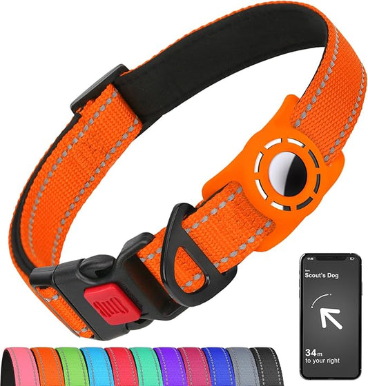 Airtag Dog Collar with AirTag Holder for Small Dogs, Reflective, Soft Padded & Safety Locking Buckle, Nylon Pet Collars Adjustable for All Breeds, Orange,S