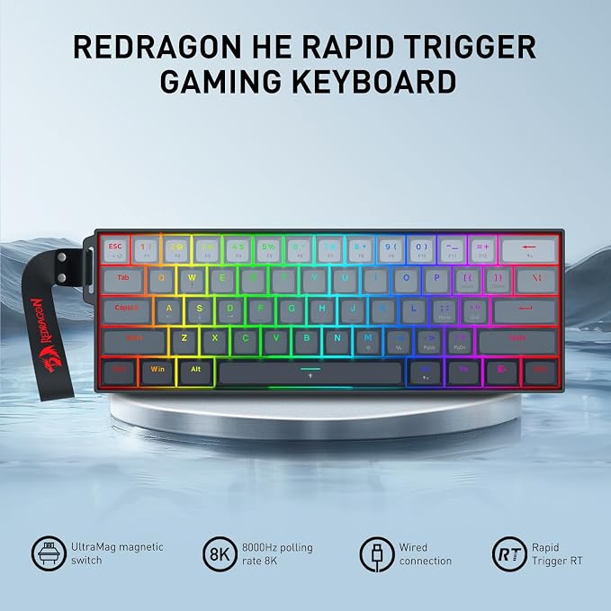 Redragon K617 HE Wired Hall-Effect Rapid Trigger Magnetic Gaming Keyboard | 8K Polling Adjustable Actuation, 61 Keys Design for More Room to Aim, Swap-Ready Socket for Mod, RGB Pro Software Supported