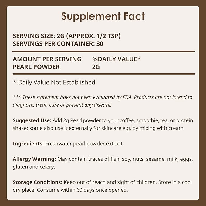 Pure Pearl Powder | 60 Grams |100% Natural Ingredients from Fresh Water | Non-GMO | Dietary Supplement with Calcium & Amino Acids (30 Servings)