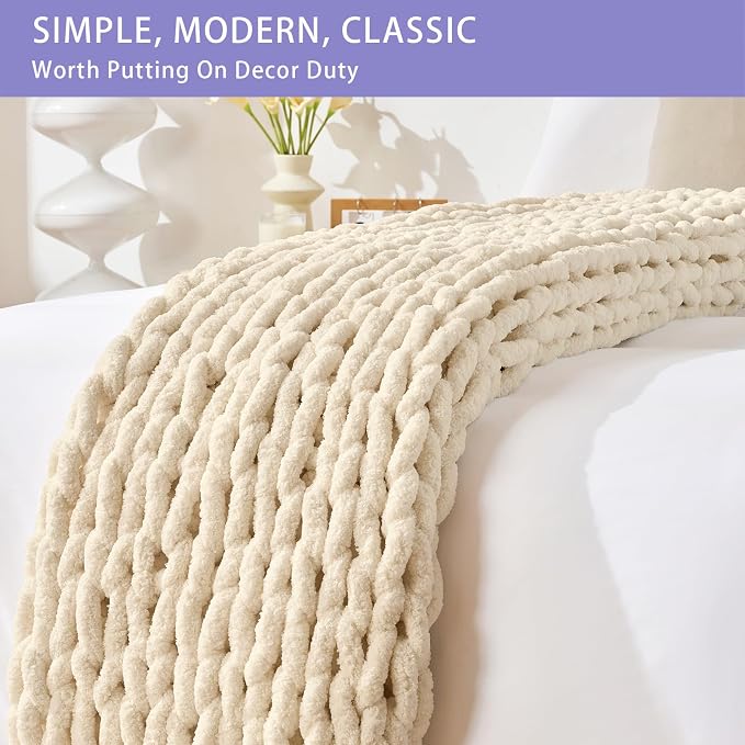 Bigacogo Chunky Knit Throw Blanket for Couch, 80x90 inches, Beige | Hand Knit with Jumbo Chenille, Soft Breathable Cable Knit for Sofa Bed Living Room, Machine Washable, Gift for Mom Friend