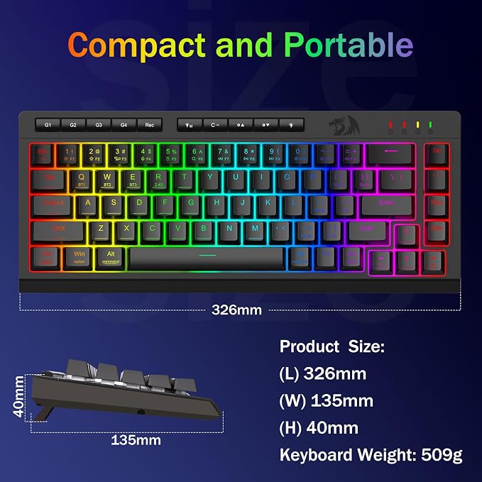 Redragon Wireless Gaming Keyboard, RGB Backlit, Portable 60% Design, Black | Bluetooth/2.4GHz/USB-C Wired, Mini Quiet Macro Membrane Keyboard, Rechargeable 4000mAh Battery, Anti-Ghosting for Win/MAC
