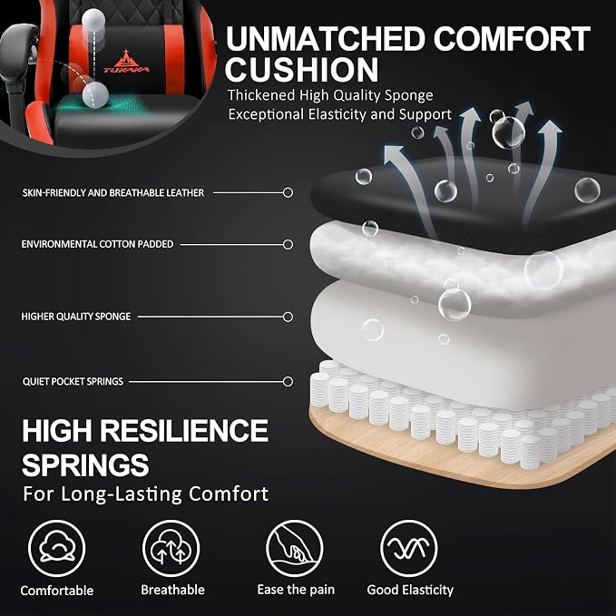 Gaming Chair,Ergonomic Massage Office Desk Chair with Footrest,Red | Pocket Spring Cushion,Reclining,Thick High Back,Headrest and Lumbar Support,Adjustable Leather Computer Chair Gamer Chair