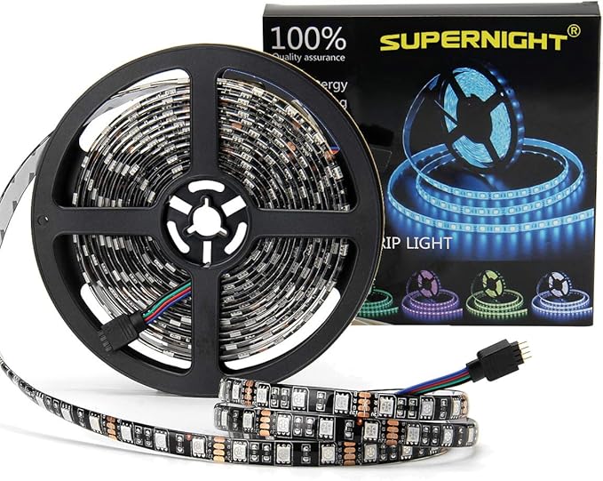 SUPERNIGHT LED Strip Lights, 16.4FT 5M SMD 5050 Waterproof 300LEDs RGB Color Changing Flexible LED Light Strip for Bedroom, TV Back Lighting, Christmas, Valentine's Day (Black PCB)