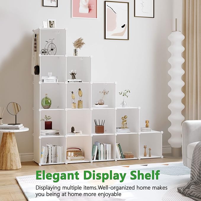 C&AHOME Cube Storage Organizer, 16-Cube Shelves Units, Plastic Storage Cubes, DIY Closet Organizer, Modular Closet Storage Shelves Ideal for Home, Bedroom, 48.4" L × 12.4" W × 48.4" H Milky UPCS16M