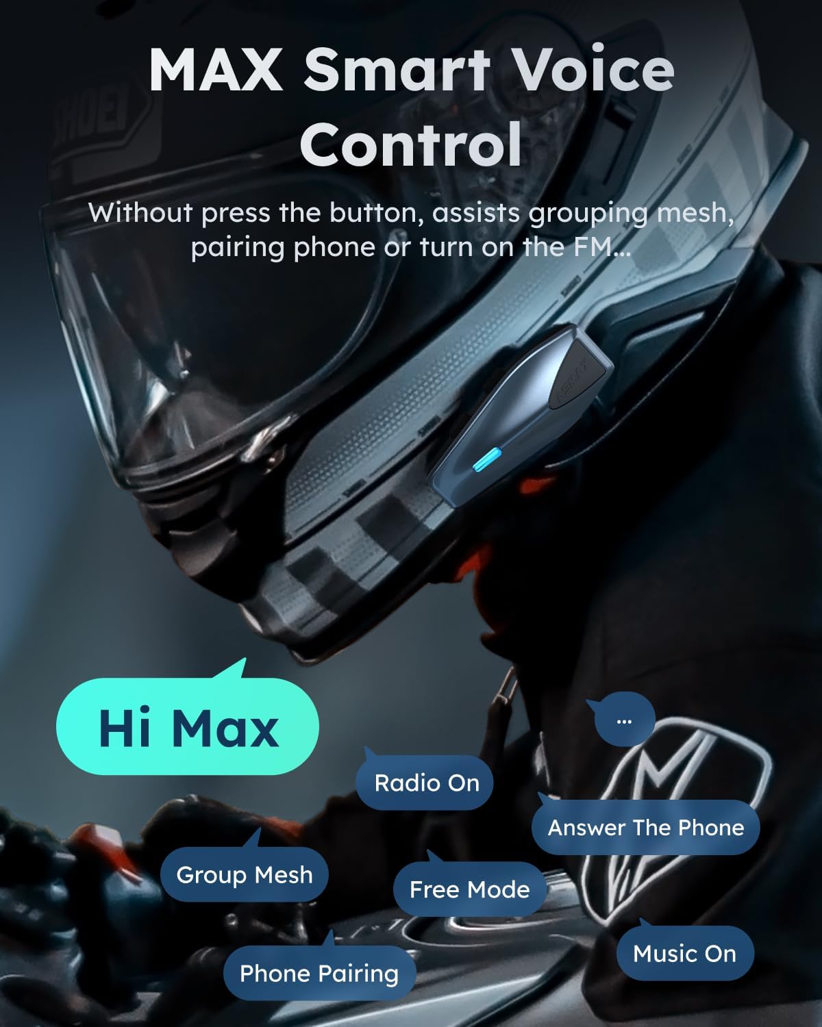S1 Motorcycle Bluetooth Headset with 3 Intercom Modes, 8-Rider Mesh Communication, AI Voice, FM Radio, Auto Volume, Waterproof, Fast Charging for Helmet/ATV/UTV/Snowmobile(Blue)