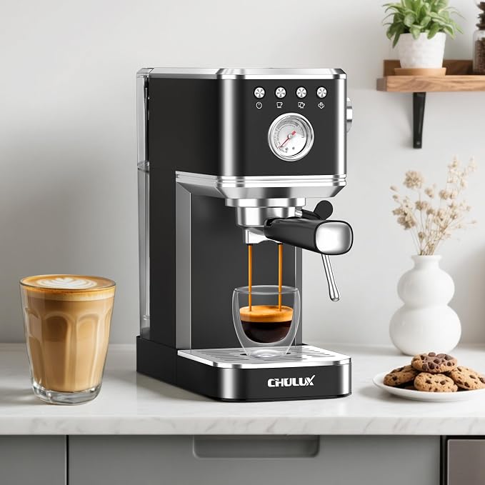CHULUX Slim Espresso Machine with Milk Frother for Home Cappuccino, Black | Precise Pressure Gauge, Food-Grade Materials, 20 Bar Italian Pump, Professional Temperature Control System, Stainless Steel