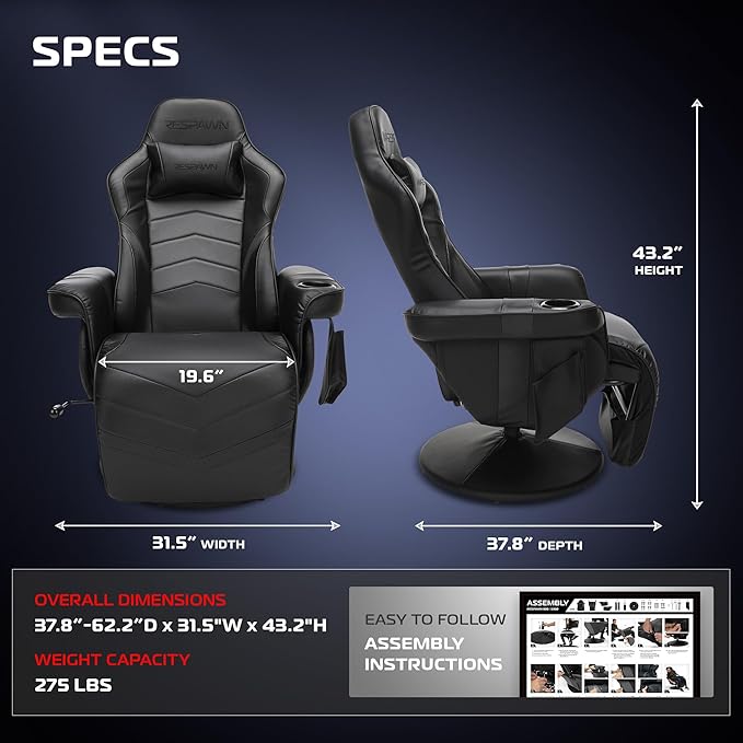 Respawn 900 Gaming Recliner Chair with Footrest, Cup Holder and Swivel | Ergonomic gaming recliner with footrest, cup holder, lumbar support, 135° recline & 360° swivel for console gaming