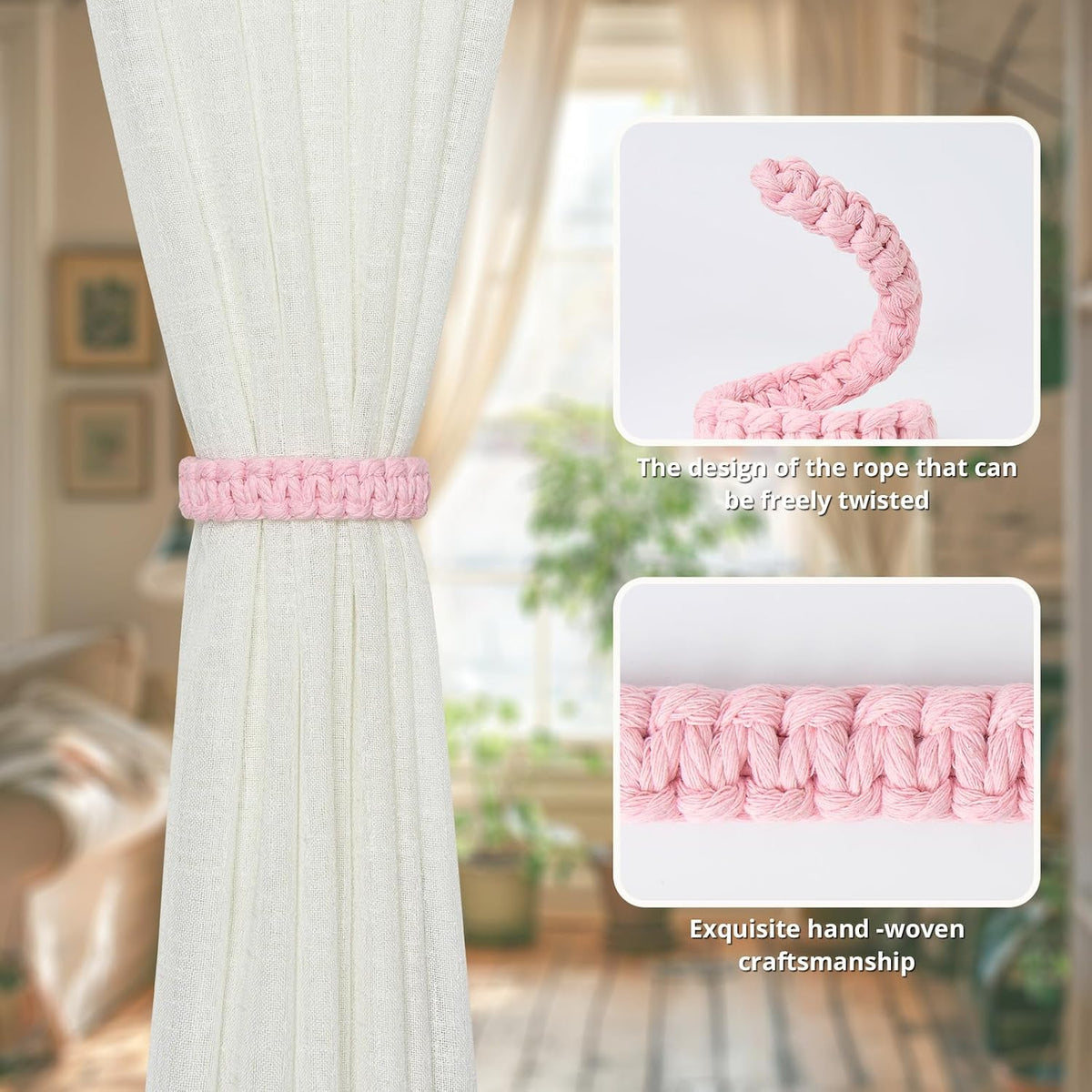NICEEC 2 Pack Natural Cotton Rope Curtain Tiebacks Farmhouse Rustic Style Decorative Drape Tie Backs Handmade Braided Curtain Holdbacks for Home & Office Sheer/Light Weight Drapery (C-Pink-S)