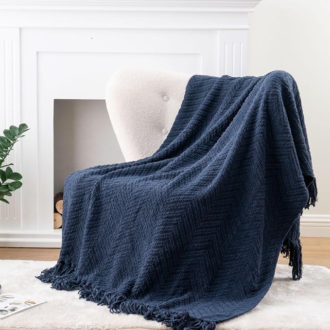 BATTILO HOME Navy Blue Throw Blanket for Couch, Knitted Blue Blanket Throw 50'' x 60'', Super Soft Warm Navy Throws for Chair Sofa Home Decor