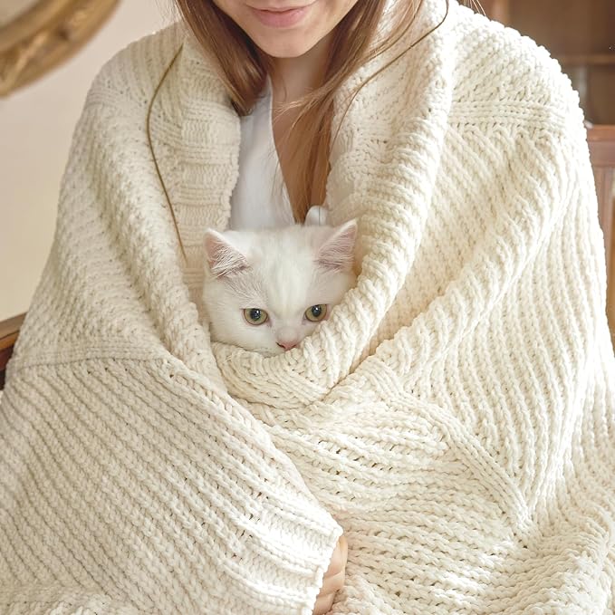 Knit Throw Blanket, Soft Chenille Cozy Breathable Chevron Chunky Decorative Blanket for Couch, Bed & Sofa, French-Inspired Lightweight Warm Gift for Women, Ivory, 60"x80"