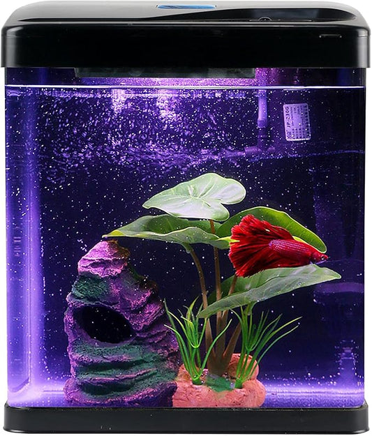 Betta Fish Tank Self Cleaning Glass 2 Gallon Small Nano Aquarium Starter Kits Desktop Room Decor w/LED Light Decorations & Whisper Filters Water Pump (Fish Tank)