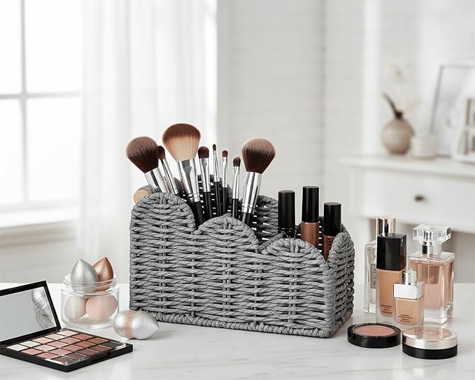 CubesLand Bedside Table Desk Organizer Caddy, Remote Pen&Pencil Holder Cup | Makeup Brush Holder w/Scalloped Perfect for Home, Office Desk, Living Room Table Decor, 3 Slots Grey