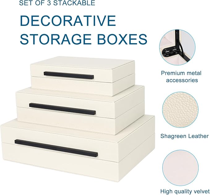 Beige Shagreen Decorative Box Set of 3 - Faux Leather Nesting Storage Boxes with Lids, Large Modern Jewelry Organizer, Stackable Home Decor Box for Bedroom, Bathroom & Office