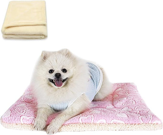 Cat Dog Bed Mat & Blanket, Reversible Pets Crate Pad Bed Mat and Ultra Soft Warm Fleece Calming Blanket for Small Puppy Kitty, Washable