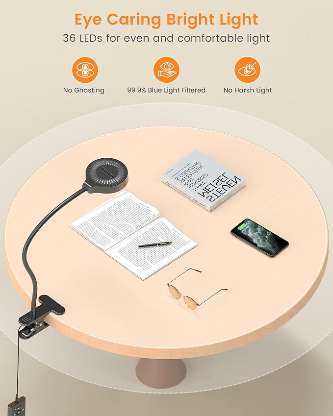 Glocusent 5W Desk Lamp with Remote, 3 Colors & 5 Brightness Reading Lights | Flexible Gooseneck Clip on Lamp, 30-Min Timer Reading Lamp, Perfect Clip on Light for Bunk,Bed,Headboard,Table,Work,Craft