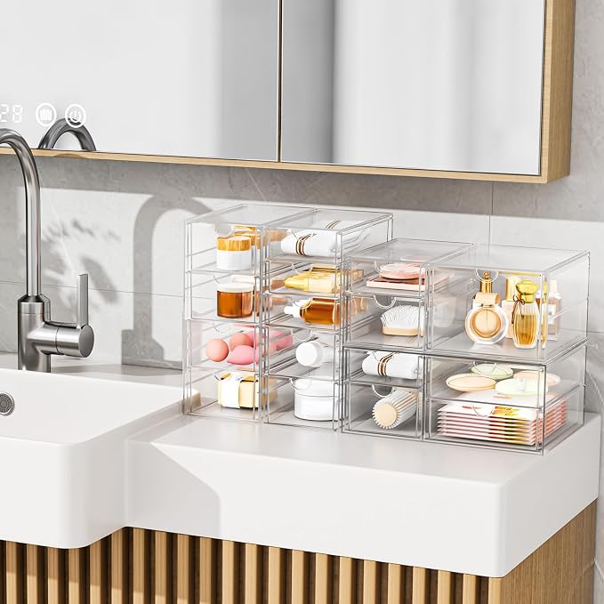 YFXCVSL 6-Pack Acrylic 31-Drawer Storage & Makeup Organizer for Desk | Smooth-glide drawers, clear acrylic, stackable, dustproof, wipe-clean, for makeup palettes, lipsticks, blushes, cotton pads