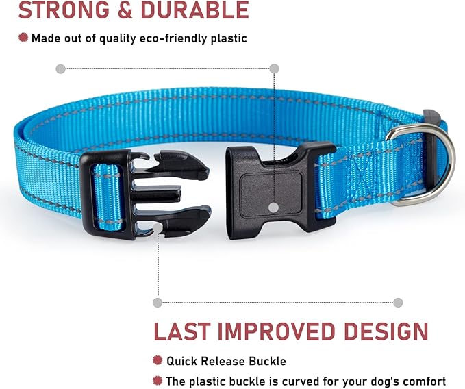 Reflective Dog Collar with Buckle Adjustable Safety Nylon Collars for Small Medium Large Dogs, Blue M