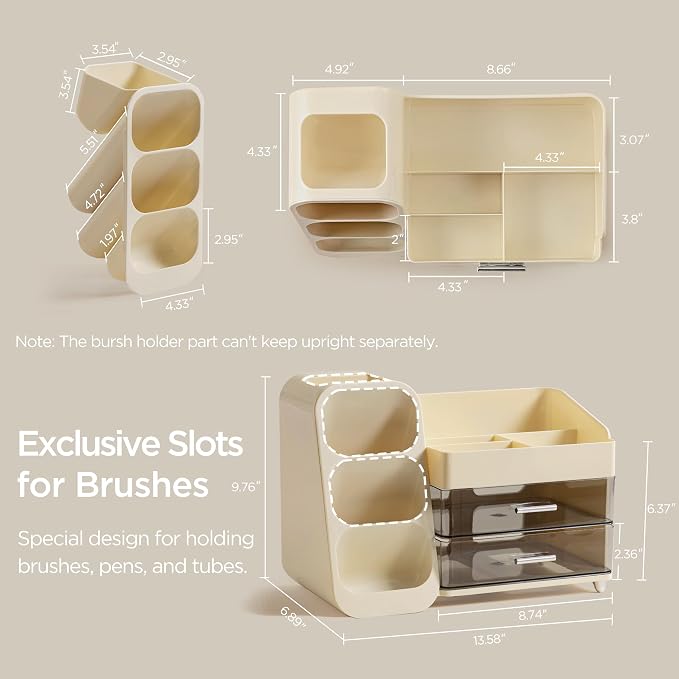 HBlife Makeup Organizer with Brush Holder for Vanity, Large Plastic Bathroom Countertop Organizer Skin Care Storage, Easy to Store Lipsticks, Nail Polishes, Perfumes, Eyeshadow Palettes, Beige