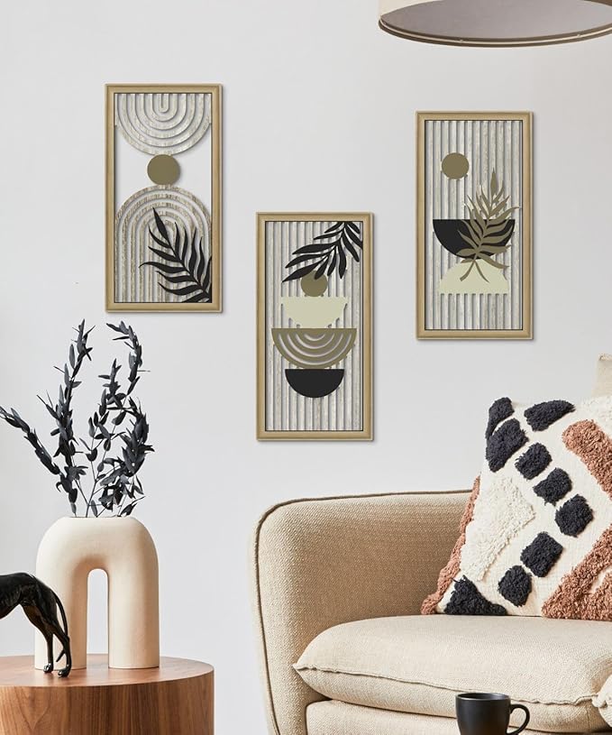 Putuo Decor Boho Abstract Wall Art, Set of 3, Modern Geometric Botanical Wooden Wall Decor, Mid-Century Minimalist Framed Artwork, Neutral Toned Aesthetic Prints, for Living Room, Bedroom, Office