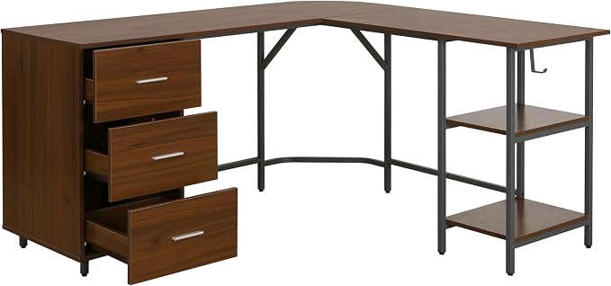 Techni Mobili L Shaped Desk - Two-Toned Computer Desk with Drawers & Storage Shelves - Simple Modern Furniture & Home Office Space Corner Table for Work & Writing | 59" two‑tone L‑shaped desk with storage shelves, durable frame, modern corner workstati...