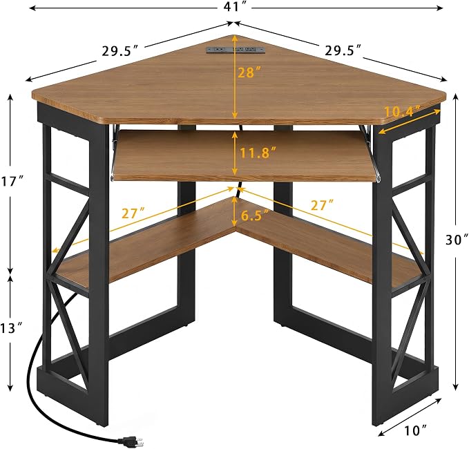 VECELO Corner Desk, Triangle Computer Desk for Small Space with Charging Station and Keyboard Tray, Corner Makeup Table with Storage Shelves for Home Office Bedroom, 41x30, Light Walnut