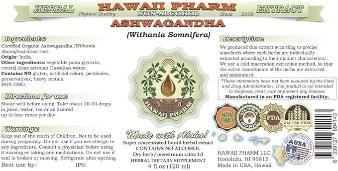 Ashwagandha Alcohol-Free Liquid Extract, Organic Ashwagandha (Withania Somnifera) Dried Root Glycerite Hawaii Pharm Natural Herbal Supplement 4x4 oz