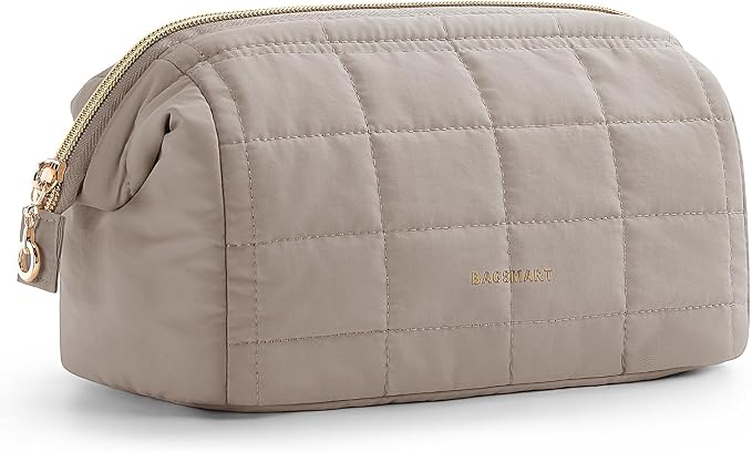 BAGSMART Makeup Bag Travel Toiletry Bag, Wide-open Zipper Pouch, Greige | Puffy Padded, Travel Essentials, Make Up Bag, For Women, Makeup Organizer, Toiletries Accessories Brushes