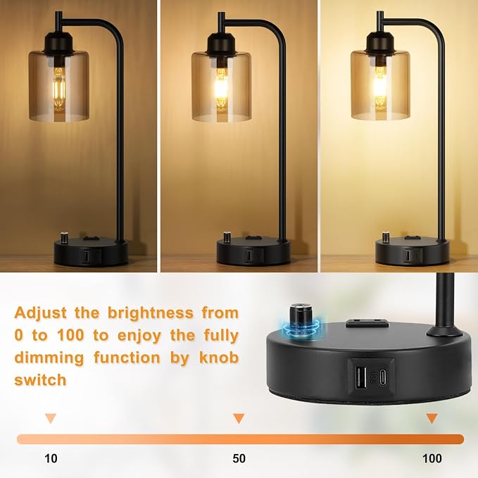 Industrial Bedside Lamps for Nightstand Set of 2 - Fully Dimmable Bedroom Lamps with USB A C Ports and Outlet, Black Table Lamps with Amber Glass Shade for Living Room, Desk Lamps for Office Reading