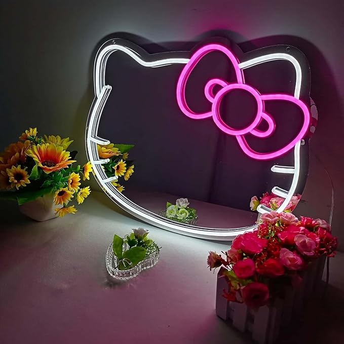 Hello Kit Mirror with Light Neon Signs for Room Decor, USB Powered Cute Cat LED Lights, Teen Girl Best Gift, Makeup Mirror Neon Sign Wall Decor (Warm White)