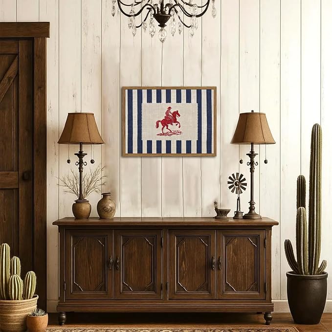 Vintage Western Wall Art Mid Century Striped Cowboy Wall Decor Painting Blue and White Southwest Poster Canvas Print for Bedroom Lving Room 12x16 inch Wood Framed