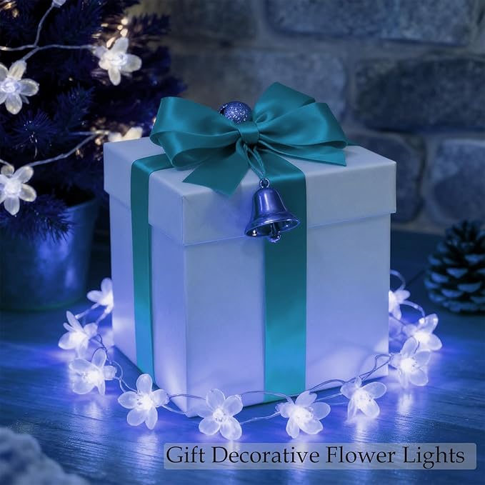 Battery & USB Powered Flower String Lights Indoor Decorations, 10ft 30 LED Decorative Cute Cherry Blossom Floral Lamp for Classroom Bedroom Ceiling Dorm Christmas Tree Hanging Decor (White)