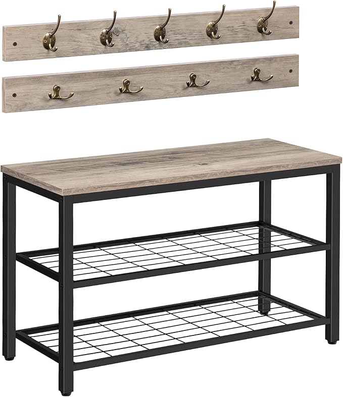 HOOBRO Hall Tree with Bench, Coat Rack Shoe Bench Set, Entryway Shoe Rack with Coat Hooks, Hall Tree Coat Rack, 27.6" L x 11.8" W x 18.1" H, Mud Room, for Foyer, Front Door, Greige BG07MT01