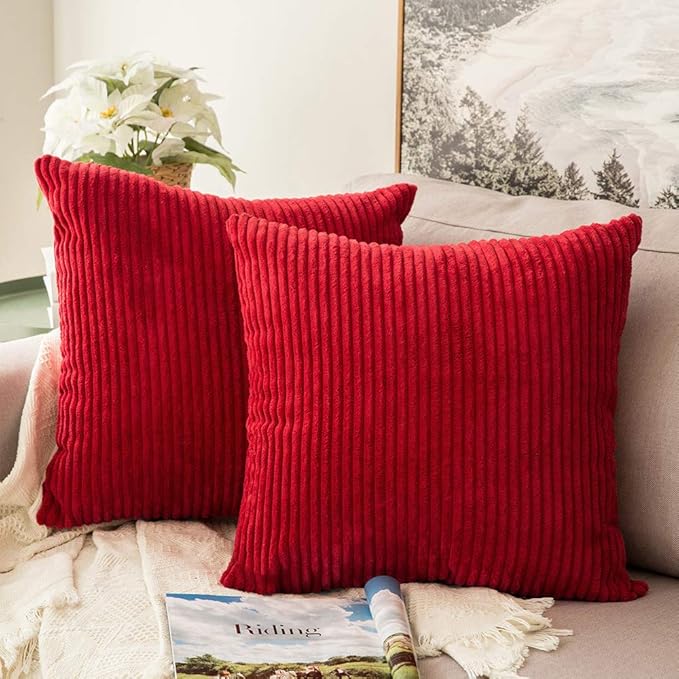 MIULEE Euro Corduroy Throw Pillow Covers Set of 2 24x24 Christmas Red | Decorative Striped Textured Cushion Cases, Boho Energetic Vibe Pillowcases, Home Decor for Couch Chair Sofa Bed Living Room