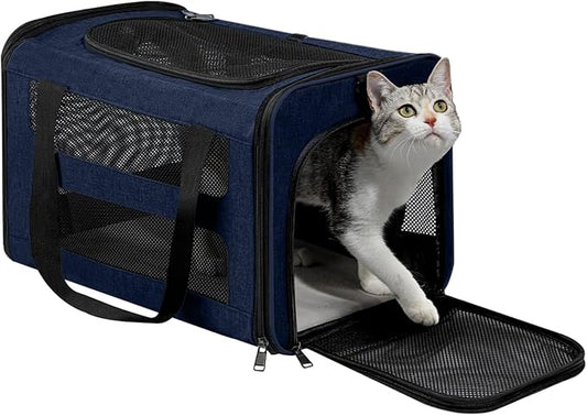 Cat Carrier Soft-Sided Travel Bag for Medium to Large Cats Over 15lbs, Small Dog Carrier Crate Top Entry Breathable Mesh Puppy 12 Pounds, Pet Rabbit Carrying Cage Kennel Collapsible Navy