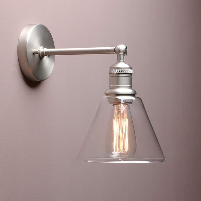 Yosoan Indoor Wall Sconce Fixture Light, 1-Light Modern Single Brass Vintage Industrial Hardwired with Funnel Flared Clear Glass Shade Lamp for Bathroom Sink Porch Kitchen Living Room(Brushed)