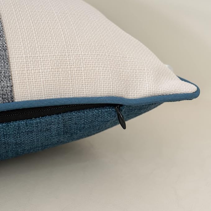 Patchwork Pillow Cover 12x20 Inch Luxury Cotton and Linen Cushion Cover Rectangle Pillowcover for Couch Bedroom Living Room, Blue