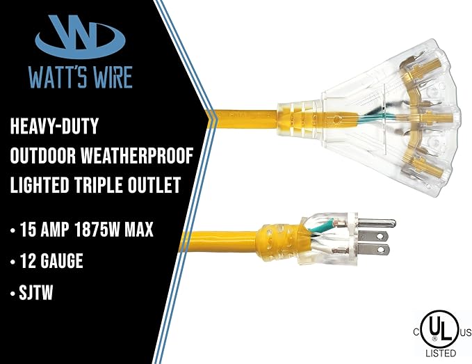 6 ft Short Outdoor Extension Cord Waterproof - 12 Gauge Heavy Duty Extension Cord Splitter Outdoor 6 ft - Lighted Outdoor Extension Cords with Multiple Outlets - Watts Wire - 6' Grounded